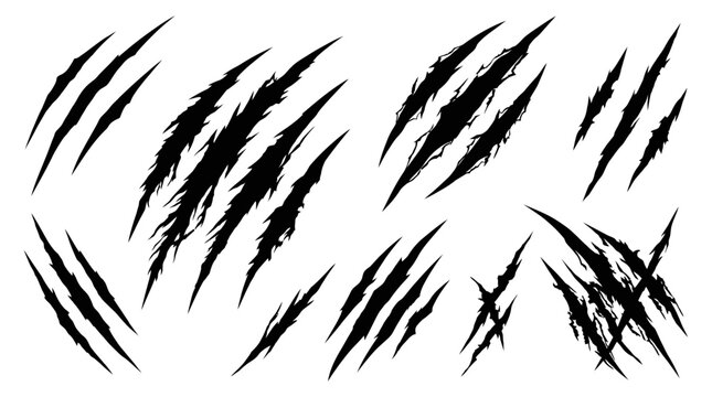 Sharp black animal claw marks and monster scratches in various patterns on a clean white background, symbolizing aggression, danger and impactful design elements, expressing ferocity or damage effects