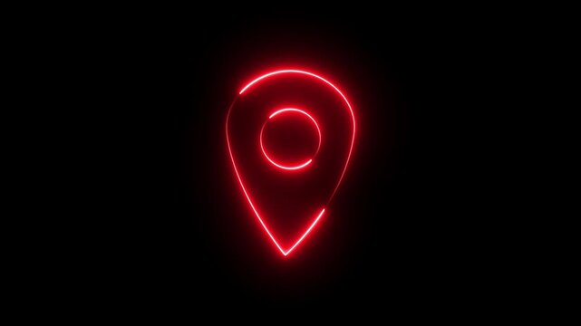 Glowing neon red color location map sign icon animation position tracking direction address tags journey place navigation icon sign symbol on black background