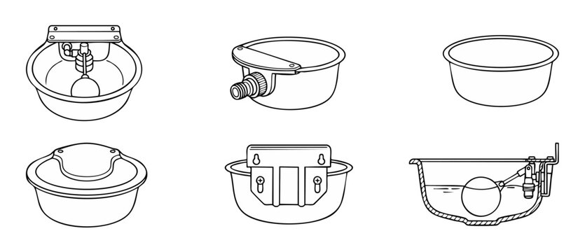 Automatic Water Trough Bowl Set for Livestock Animal Farming Equipment Vector Illustration. Durable metal drinker for cattle, horses, and pets with float valve mechanism, wall mount, and cutaway detai