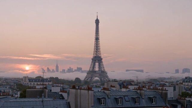 Eiffel Tower silhouette emerging from morning fog at sunrise soft pink sky slow zoom in distant Parisian rooftops 4K cinematic travel
