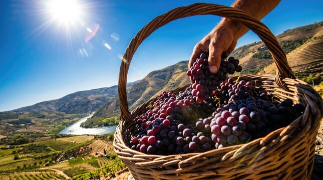 Cena Tradicional das Vindimas no Douro com Uvas em Cesto de Vime e Socalcos Vin&iacute;colas T&iacute;picos do Norte de Portugal.