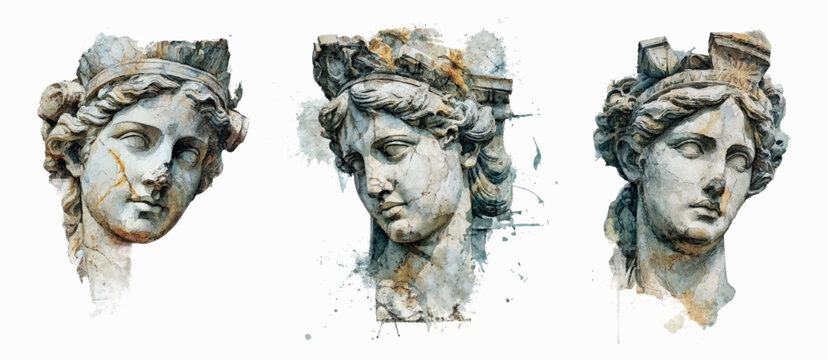 Collection of three watercolor rendered marble head busts, depicting ancient goddesses as timeless classical sculptures with weathered features and artistic splatters on white