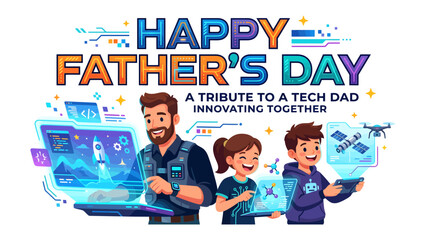 Naklejka premium Happy Father's Day: A Heartfelt Tribute to a Tech-Savvy Dad: This image is a vibrant celebration of Father's Day. Featuring a tech-inclined dad alongside his children.