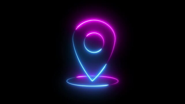 Glowing neon pink and blue color location map sign icon animation position tracking direction address tags journey place navigation icon sign symbol on black background