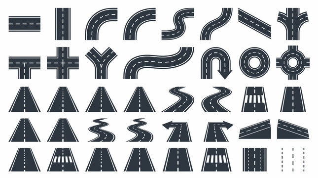 Large vector collection of diverse road icons, featuring straight, curved, intersections, roundabouts and crossings on a clean white background, illustrating urban planning and navigation systems