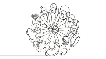 Naklejka premium Continuous line drawing of a diverse business team stacking hands in a circle, viewed from above, Symbolizing successful teamwork and illustrating strong corporate partnership