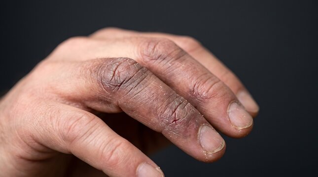 Close-up of dry cracked skin on human fingers showing signs of dermatitis or eczema