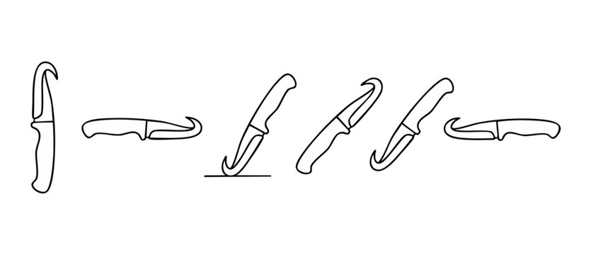 Gut hook hunting knife collection, hunting tool outlines in various positions, sharp blade icons for outdoor equipment design, camping and survival gear vector set for hunting sports and game processi