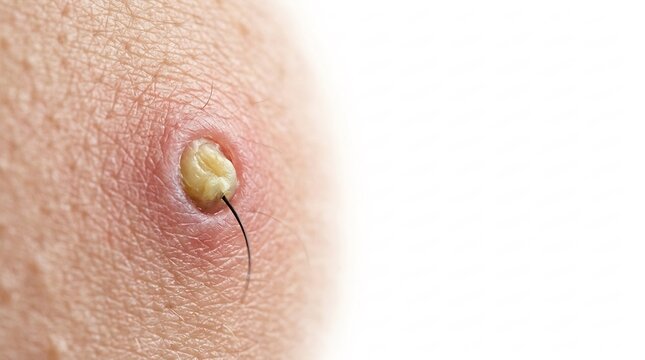 Macro view of an inflamed hair follicle plugged with keratin on human skin