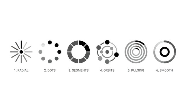 Six minimalist monochrome loading spinner icons displaying radial, dots, segments, orbits, pulsing and smooth styles, symbolizing data processing progress and illustrating modern user interface design