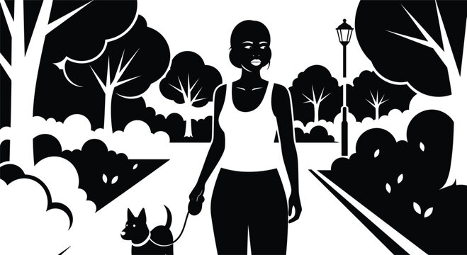 Woman Walking a Dog in a Park Illustration for Outdoor, Pet, and Healthy Lifestyle Concepts