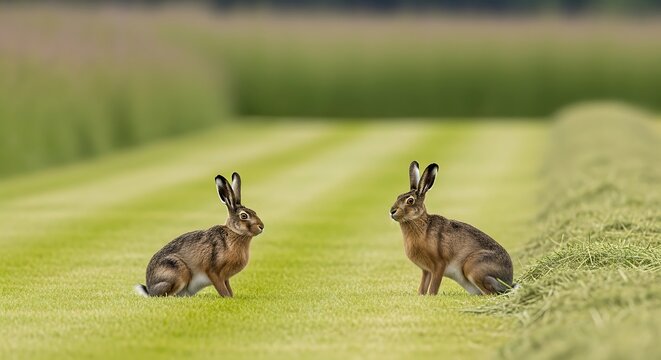 Two hares pause in a freshly cut grassy field