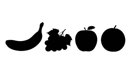 Black silhouettes of banana, grapes, and apples isolated on transparent background, Vector © Md