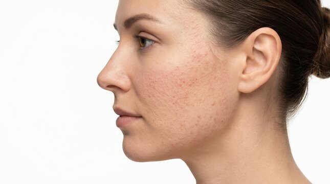 Close-up profile of a woman's face showing uneven skin texture and small red bumps on the cheek