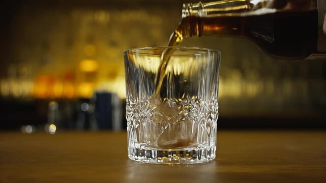 Clear glass tumbler placed on wooden bar counter, gradually filled with liquid from a bottle in a dimly lit bar setting with blurred bottles in the background
