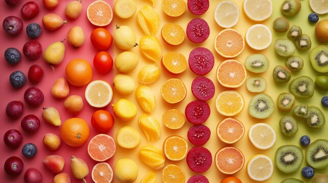 Colorful flatlay of various fruits arranged by color.