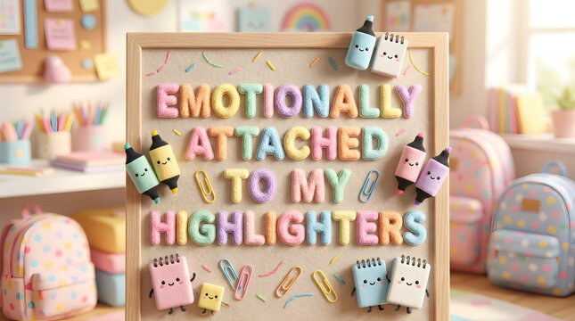 Whimsical 'Emotionally Attached To My Highlighters' sign amidst a cheerful study desk, featuring colorful stationery and organized school essentials