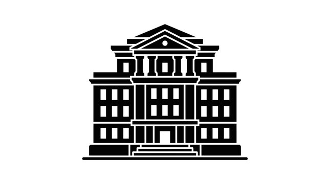 Black and white building icon with columns and triangular roof