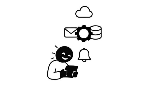 Animated stick figure using a tablet to manage cloud computing, database server, email, and notification bell icons. Minimalist black and white doodle animation for data integration and system control