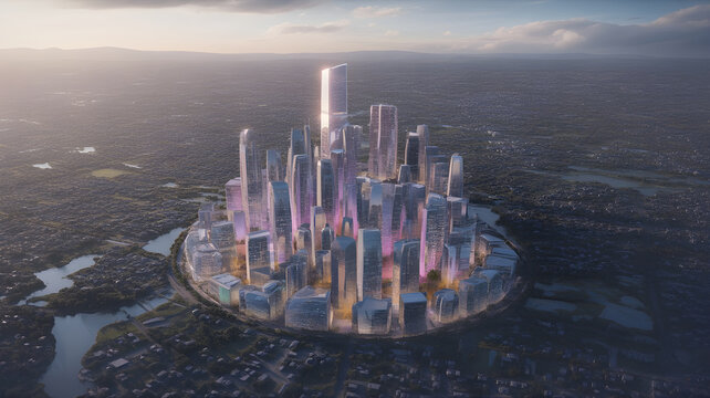 A futuristic city where buildings dynamically reshape themselves in real-time based on human emotions, glowing color shifts across skyscrapers, aerial perspective