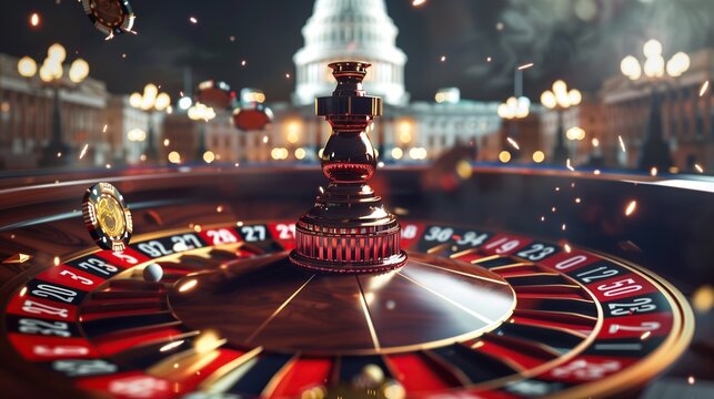 A roulette wheel shaped like the Capitol dome with a ball landing on a default slot. Concept of political gambling, national debt crisis and high-stakes economic risk.