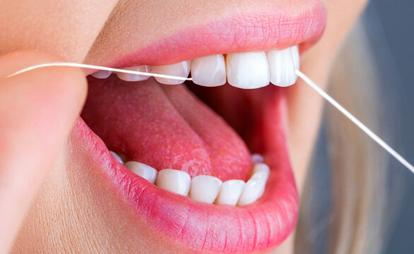 Smiling women use dental floss white healthy teeth. Dental flush - woman flossing teeth. Dental floss. Taking care of teeth