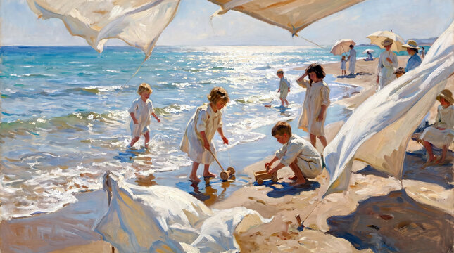 Sunlit caucasian children and adults in white dresses and straw hats on a sandy beach with parasols waves and wooden toys, impressionist seaside scene, idyllic summer family leisure concept
