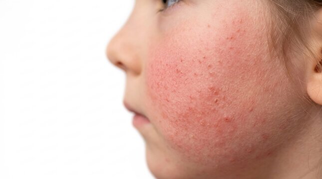 Close-up profile view of a childs cheek showing red skin rash and irritation against a plain white background