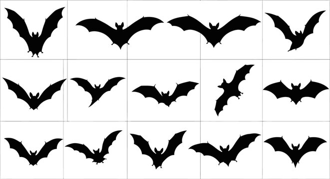 Collection of black bat silhouettes in various flying positions on white background for halloween decoration
