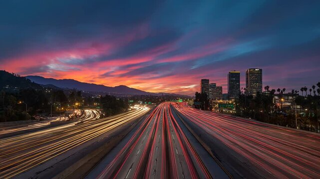 Heavy highway traffic merging at sunset, warm orange golden sky, wide aerial view, urban commute concept