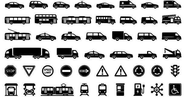 City transport vehicle vector icon set with cars trucks buses trains and road traffic safety signs isolated on solid white background