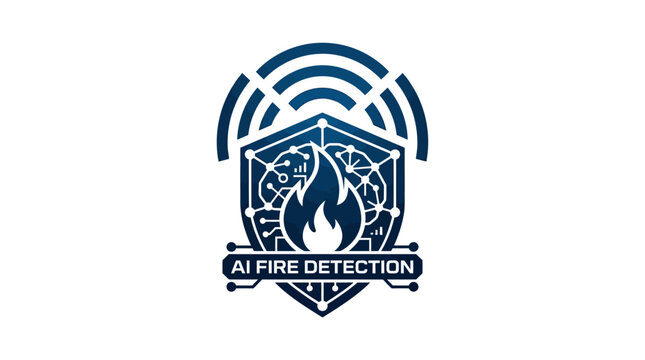 AI fire detection icon with flame and wifi signal