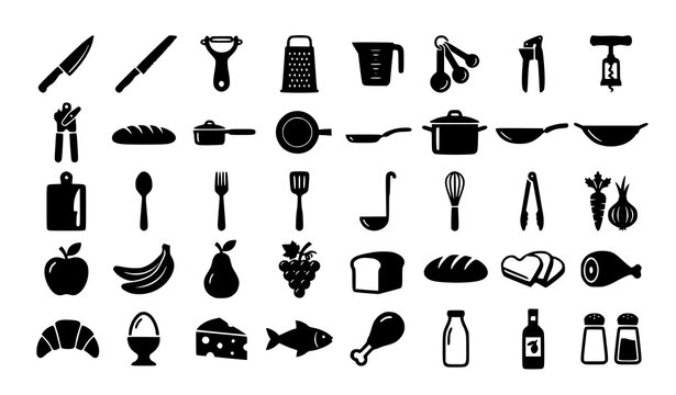 Kitchen utensils and food vector icon set with cooking tools pots pans knives fruits vegetables bakery items isolated on white background