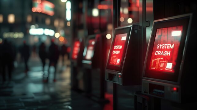 Multiple ATM machines on a dark urban street with glowing red warning messages. Concept of digital banking failure, technical crash, and financial system collapse.