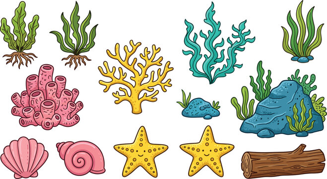 Cute Underwater Coral Reef Collection Featuring Seaweed Starfish Shell Sponge and Marine Ocean Elements in Cartoon Vector Illustration Style