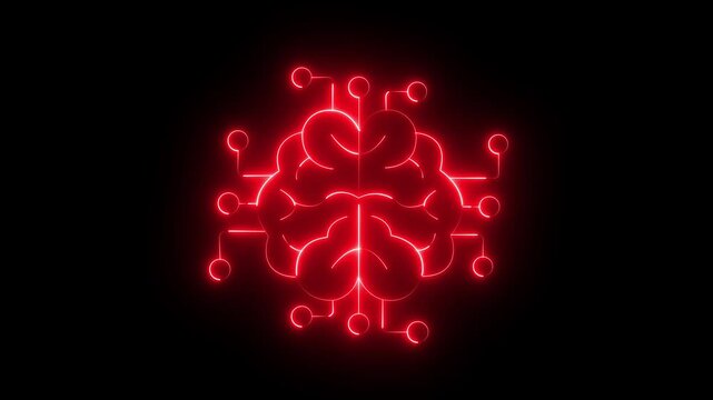 Glowing neon neural network icon isolated on black background. brain with neural network icon symbolizing artificial intelligence and machine learning neural, innovation. HD video animation .