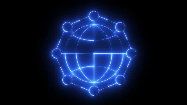 Glowing neon global network icon isolated on black background. animation icon of global network connection in modern style. glowing neon business data global logo animation 4k video animation .