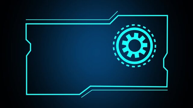 Gear icon on futuristic digital frame background. Technology gear symbol for system settings. Digital gear animation for tech interface.