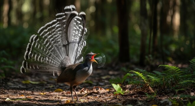 A sunbittern spreading its wings in a beautiful tropical forest display