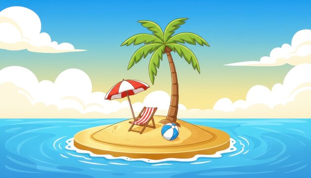 Tropical island cartoon illustration, desert island with palm tree and beach chair, sunny ocean paradise background for summer travel