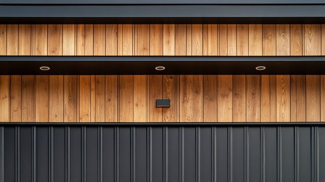 Modern house exterior with wood and metal siding, recessed lighting.