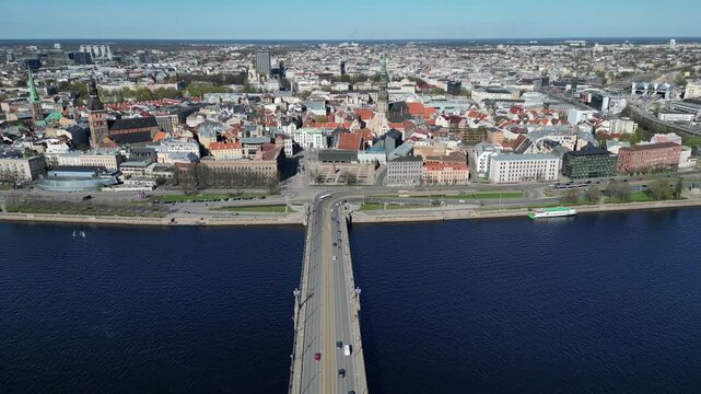 Aerial view of Riga, Latvia over river Daugava