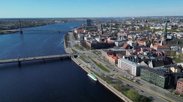 Aerial view of Riga, Latvia over river Daugava