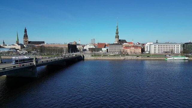 Aerial view of Riga, Latvia over river Daugava