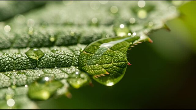 Close-up of dew drops on green leaf in natural sunlight