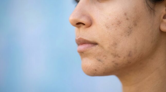 Close-up profile of human skin with dark acne marks and hyperpigmentation on the jawline and cheek