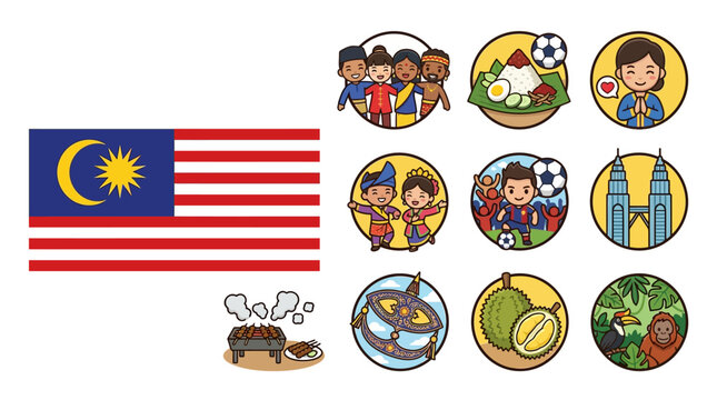 Malaysian Cultural Heritage Icon Set with Flag, Satay Grill, Diverse Ethnic Groups, Petronas Twin Towers, Nasi Lemak, Wau Bulan Kite, Durian Fruit, and Rainforest Wildlife Illustration