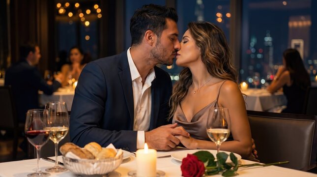 Couple kissing during a romantic dinner at a restaurant with city views