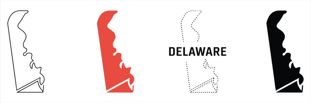Four variations of the delaware state map outline, including solid, dotted, and line styles