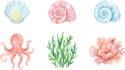 Pastel Underwater Marine Collection Featuring Octopus Seaweed Coral and Spiral Sea Shells in Elegant Watercolor Vector Illustration Style © MdNazmul